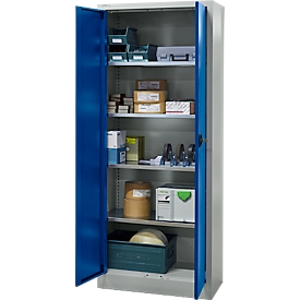Armoire à matériel - acier - L 800 x P 400 x H 1935 mm - 4 étagères - verrouillable - gris clair/bleu gentiane - notre marque Schäfer Shop Pure