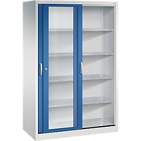 Armoire à outils à portes coulissantes Acurado de C + P, avec fenêtre de visualisation, L 1 200 x P 600 x H 1 950 mm, aluminium blanc/bleu gentiane