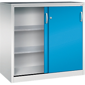 Armoire à outils à portes coulissantes Acurado de C + P, L 1 200 x P 600 x H 1 200 mm, charge maximale par tablette : 70 kg, acier, gris clair/bleu clair