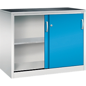 Armoire à outils à portes coulissantes Acurado de C + P, L 1200 x P 600 x H 1000 mm, charge maximale par étagère : 70 kg, acier, gris clair/bleu clair