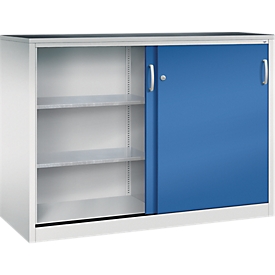 Armoire à outils à portes coulissantes Acurado de C + P, L 1600 x P 600 x H 1200 mm, charge maximale par tablette : 70 kg, acier, gris clair/bleu gentiane
