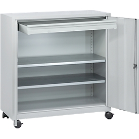 Armoire à outils, avec 4 roulettes, 2 étagères &amp; 1 tiroir, serrure à cylindre, L 1000 x P 500 x H 1000 mm, tôle d'acier, gris clair/gris clair