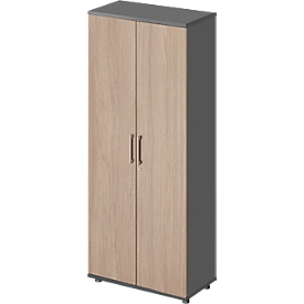 Armoire à portes battantes TETRIS WOOD  – l. 800 x P 421 x H 1910 mm (hauteur patins inclus) - graphite et décor chêne - notre marque Schäfer Shop Genius