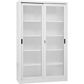 Armoire à portes coulissantes, 5 hauteurs de classeurs, 4 tablettes réglables en hauteur, portes vitrées, verrouillables, L 1200 x P 450 mm x H 1950 mm, acier, gris clair RAL 7035
