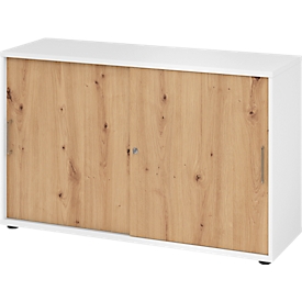 Armoire à portes coulissantes Breno, verrouillable, panneau de particules, revêtement de résine mélamine, L 1200 x P 400 x H 748 mm, 2 hauteurs de classeurs, blanc/chêne rouvre