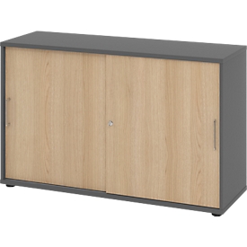 Armoire à portes coulissantes Breno, verrouillable, panneau de particules, revêtement de résine mélaminée, L 1200 x P 400 x H 748 mm, 2 hauteurs de classeurs, graphite/chêne