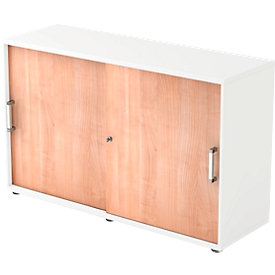 Armoire à portes coulissantes TARVIS, 2 hauteurs de classeur, l. 1200 x P 400 x H 748 mm, verrouillable et empilable, coloris blanc/noyer