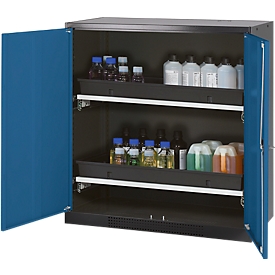 Armoire à produits chimiques, porte battante, 2 bacs extractibles, 1055 x 520 x 1105 mm, bleu gentiane