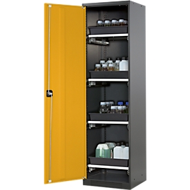 Armoire à produits chimiques, porte battante, 4 bacs extractibles, 545 x 520 x 1950 mm, jaune de sécurité