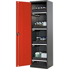 Armoire à produits chimiques, porte battante, 4 bacs extractibles, 545 x 520 x 1950 mm, rouge circulation