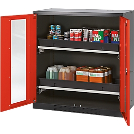Armoire à produits chimiques, porte battante avec découpe de verre, 2 bacs extractibles, 1055 x 520 x 1105 mm, rouge circulation