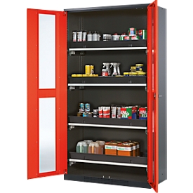 Armoire à produits chimiques, porte battante avec découpe de verre, 4 bacs extractibles, 1055 x 520 x 1950 mm, rouge circulation