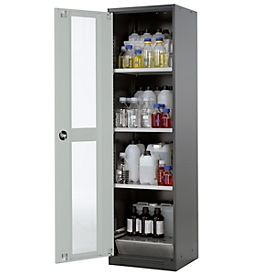 Armoire à produits chimiques, porte battante et découpe de verre, 3 étagères, H 1950 mm, gris clair