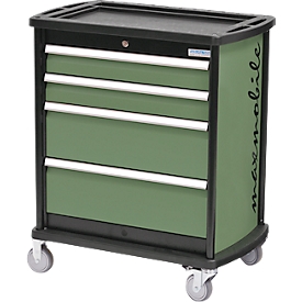 Armoire à tiroirs Bedrunka+Hirth maxmobile 1, mobile, 4 tiroirs, 1 panneau latéral, verrouillable, jusqu'à 300 kg, vert réséda RAL 6011, tôle d'acier