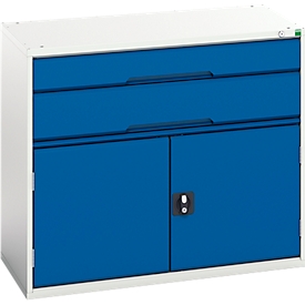 Armoire à tiroirs Bott verso, 2 tiroirs, jusqu'à 75 kg par tiroir, porte à charnière, extension totale, L 1050 x P 550 x H 900 mm, tôle d'acier, gris-bleu