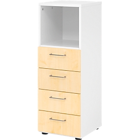 Armoire à tiroirs Breno, 4 tiroirs, 1 compartiment, poignées métalliques, L 400 x P 420 x H 1100 mm, blanc/érable