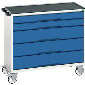 Armoire à tiroirs mobile Bott verso, 5 tiroirs, jusqu'à 50 kg par tiroir, extension totale, L 1050 x P 550 x H 965 mm, tôle d'acier, gris-bleu