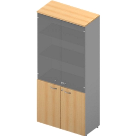Armoire ARLON OFFICE, 5 hauteurs de classeur, 2 portes vitrées, 2 portes mélaminées, H 2000 mm, coloris hêtre/alu