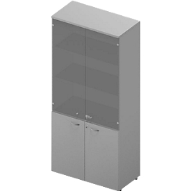 Armoire ARLON OFFICE, 5 hauteurs de classeur, 2 portes vitrées, 2 portes mélaminées, H 2000 mm, gris clair/alu