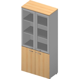 Armoire ARLON OFFICE, 5 hauteurs de classeur, 2 portes vitrées avec cadre, 2 portes mélaminées, H 2000 mm, coloris hêtre/alu