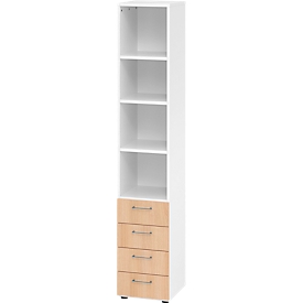 Armoire combinée Breno, avec 4 tiroirs &amp; élément d'étagère, 6 HC, L 400 x P 420 x H 2156 mm, panneau de particules, blanc/chêne