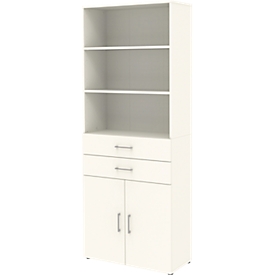Armoire combinée Home Office TEMPIO, en bois, 2 portes, 2 tiroirs, 6 HC, L 800 x P 340 x H 2130 mm, blanc/blanc