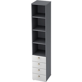 Armoire combinée TOPAS LINE, 6 hauteurs de classeurs, étagères + 4 tiroirs, graphite/blanc