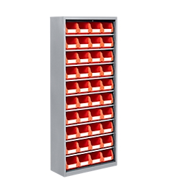 Armoire d'atelier, hauteur 1690 mm, 9 étagères, 40 bacs, sans portes, gris clair