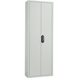 Armoire d'atelier, hauteur 1980 mm, 12 étagères, 52 bacs, avec portes, gris clair