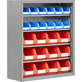 Armoire d'atelier, hauteur 830 mm, 4 étagères, 24 bacs, sans portes,alu blanc 