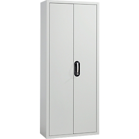 Armoire d'atelier - l. 700 x P 300 x H 1690 mm - 10 étagères - 28 bacs - avec portes - gris clair