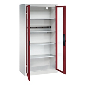 Armoire de charge de batterie Acurado de C+P, verrouillable, avec aménagement intérieur, L 930 x P 500 x H 1950 mm, acier, rouge rubis RAL 3003/gris clair RAL 7035