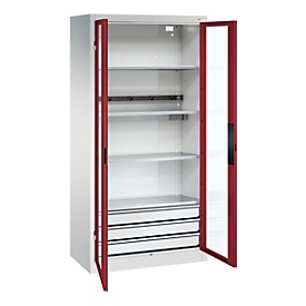 Armoire de charge de batterie Acurado de C+P, verrouillable, avec aménagement intérieur, L 930 x P 500 x H 1950 mm, acier, rouge rubis RAL 3003/gris clair RAL 7035