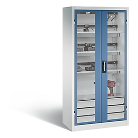 Armoire de charge de batterie Comfort de C+P avec fenêtre en verre acrylique, H 1950 x L 930 x P 500 mm, gris clair/bleu lointain