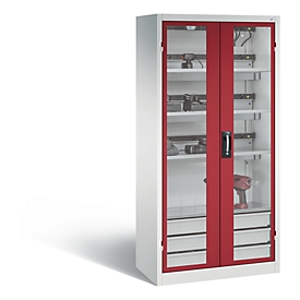 Armoire de charge de batterie Comfort de C+P avec fenêtre en verre acrylique, H 1950 x L 930 x P 500 mm, gris clair/rouge rubis