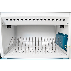 Armoire de charge pour Notebook Good Connections GEMMA N16, transformable en chariot de charge, pour 16 appareils, douilles Schuko, verrouillable, puissance 2300 W, blanc-bleu