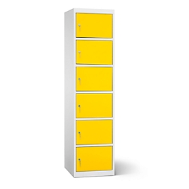 Armoire de chargement des batteries, 6 compartiments avec serrure à cylindre, tôle d'acier gris clair RAL 7035 / jaune trafic RAL 1023