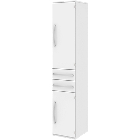 Armoire de classement BARI, 6 hauteurs de classeurs, 3 tablettes, 2 tiroirs, charnière de porte côté droit, l. 427 x P 430 x H 2174 mm, blanc/blanc/alu