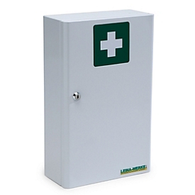 Armoire de premiers secours C de Leina-Werke, norme DIN 13157, 1 porte, blanche, 3 étagères, tôle d'acier