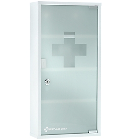 Armoire de premiers secours First Aid Only, sans contenu, 4 compartiments, porte en verre dépoli verrouillable, montage mural, L 300 x P 660 x H 120 mm, métal et verre, blanc