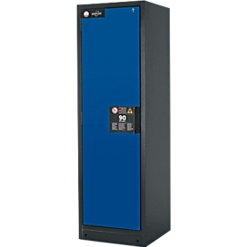 Armoire de sécurité Q Classic 90 Asecos, l. 600 x P 615 x H 1953 mm, porte fixée à gauche, 3 étagères, caillebotis et bac de rétention, gris anthracite/bleu gentiane (RAL 5010)