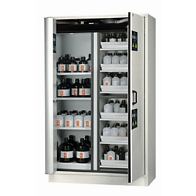 Armoire de stockage de sécurité combinée de type 30 asecos K-PHOENIX-30, portes battantes et pliantes avec système d'arrêt de porte, façade gris clair, L 1202 x P 598 x H 1968 mm