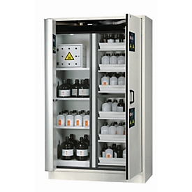Armoire de stockage de sécurité combinée de type 30 asecos K-PHOENIX-30, portes battantes et pliantes avec système d'arrêt de porte, façade gris clair, L 1202 x P 599 x H 1968 mm