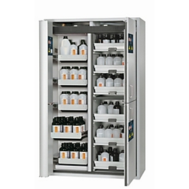 Armoire de stockage de sécurité combinée de type 90 asecos K-PHOENIX-90, portes battantes et pliantes avec système d'arrêt de porte, façade gris clair, L 1197 x P 617 x H 1969 mm