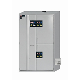 Armoire de stockage de sécurité combinée de type 90 asecos K-PHOENIX-90, portes battantes et pliantes avec système d'arrêt de porte, façade gris clair, L 1197 x P 617 x H 1969 mm