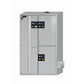 Armoire de stockage de sécurité combinée de type 90 asecos K-PHOENIX Vol.2-90, portes battantes et pliantes avec mécanisme de fermeture automatique, façade gris clair, L 1197 x P 617 x H 1969 mm