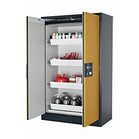 Armoire de stockage de sécurité type 90 asecos Q-PEGASUS-90, portes battantes à fermeture automatique, commande d'une seule main, façade en jaune de sécurité, L 1193 x P 615 x H 1953 mm