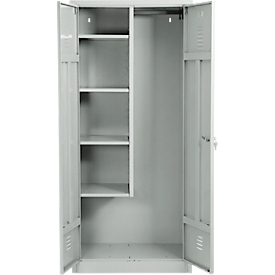 Armoire pour produits d'entretien, l. 800 mm, 4 étagères, cloison médiane raccourcie, verrouillable, gris clair RAL 7035/gris clair RAL 7035