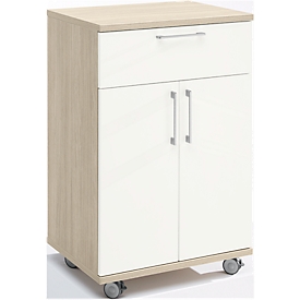 Armoire traiteur mobile avec portes battantes, L 650 x P 480 x H 1000 mm, décor Artic Oak/blanc