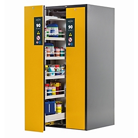 Armoires de rangement de sécurité de type 90 asecos V-MOVE-90, tiroirs verticaux à fermeture automatique, façade en jaune de sécurité, L 819 x P 860 x H 1966 mm